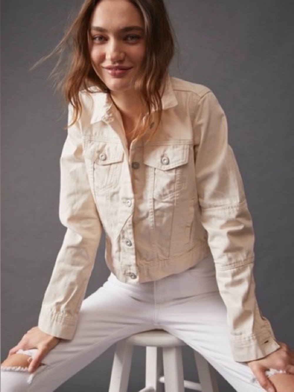 Free People Ecru White Button Up Patch Sleeve Rumors Denim Jacket Size M